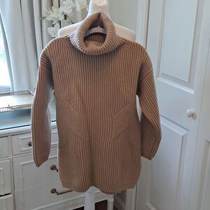 Thakoon Womens Camel Chunky Cableknit‎ Turtleneck Tunic Sweater/Side Vents S-M